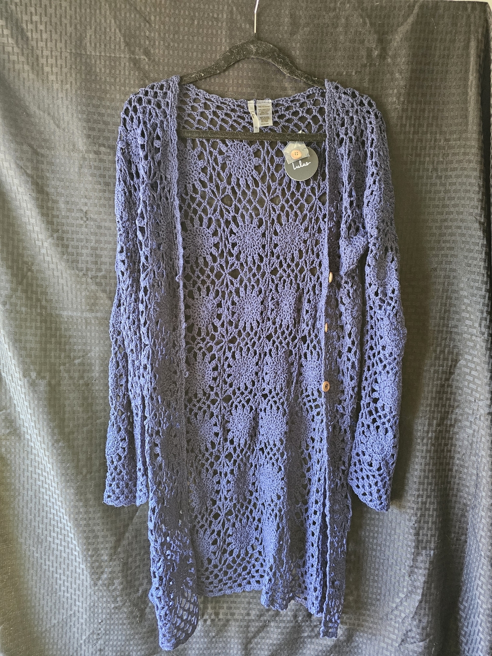 Lulu's Purple Crochet Open-Front Cardigan